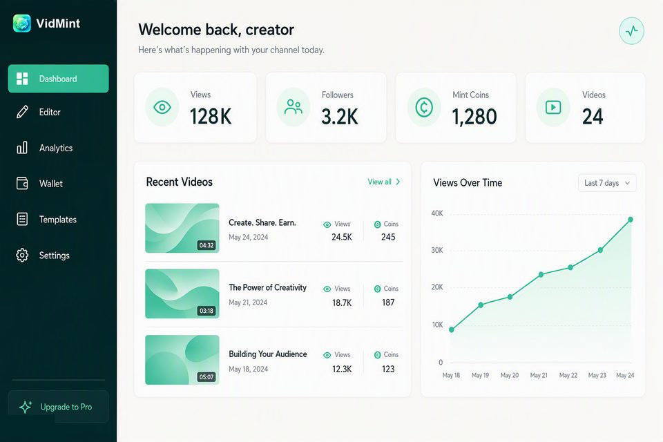 VidMint web creator dashboard in a desktop browser – projects, mint stats and drafts