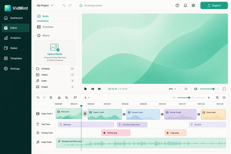 VidMint web editor on desktop – short video timeline editing in the browser