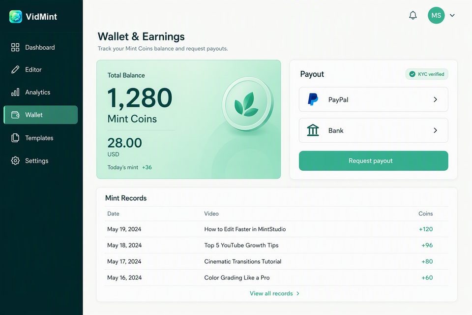 VidMint web wallet for mint rewards cash-out on desktop